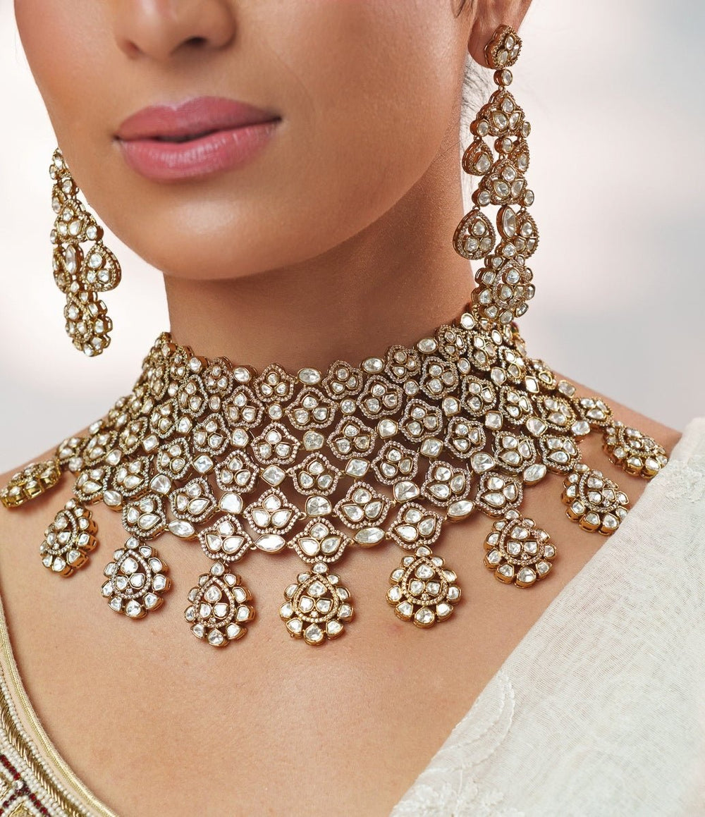 Polki Gold Bridal Necklace Set With Maangtikka Zevar by Geeta - Fabilicious Fashion