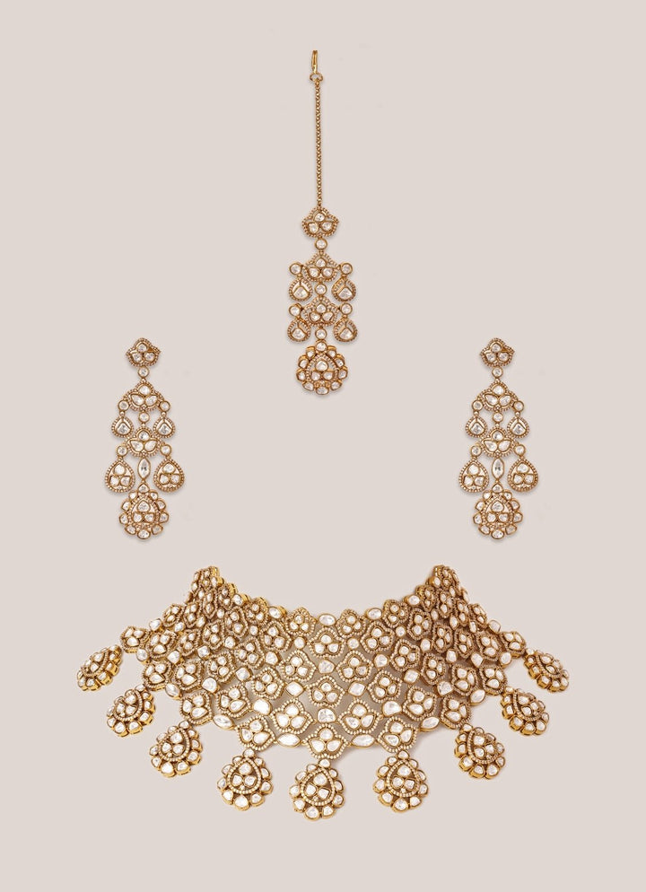 Polki Gold Bridal Necklace Set With Maangtikka Zevar by Geeta - Fabilicious Fashion