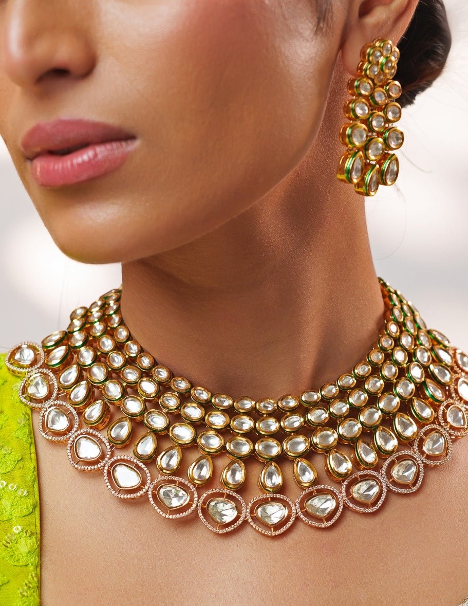 Polki Gold Necklace Set Zevar by Geeta - Fabilicious Fashion