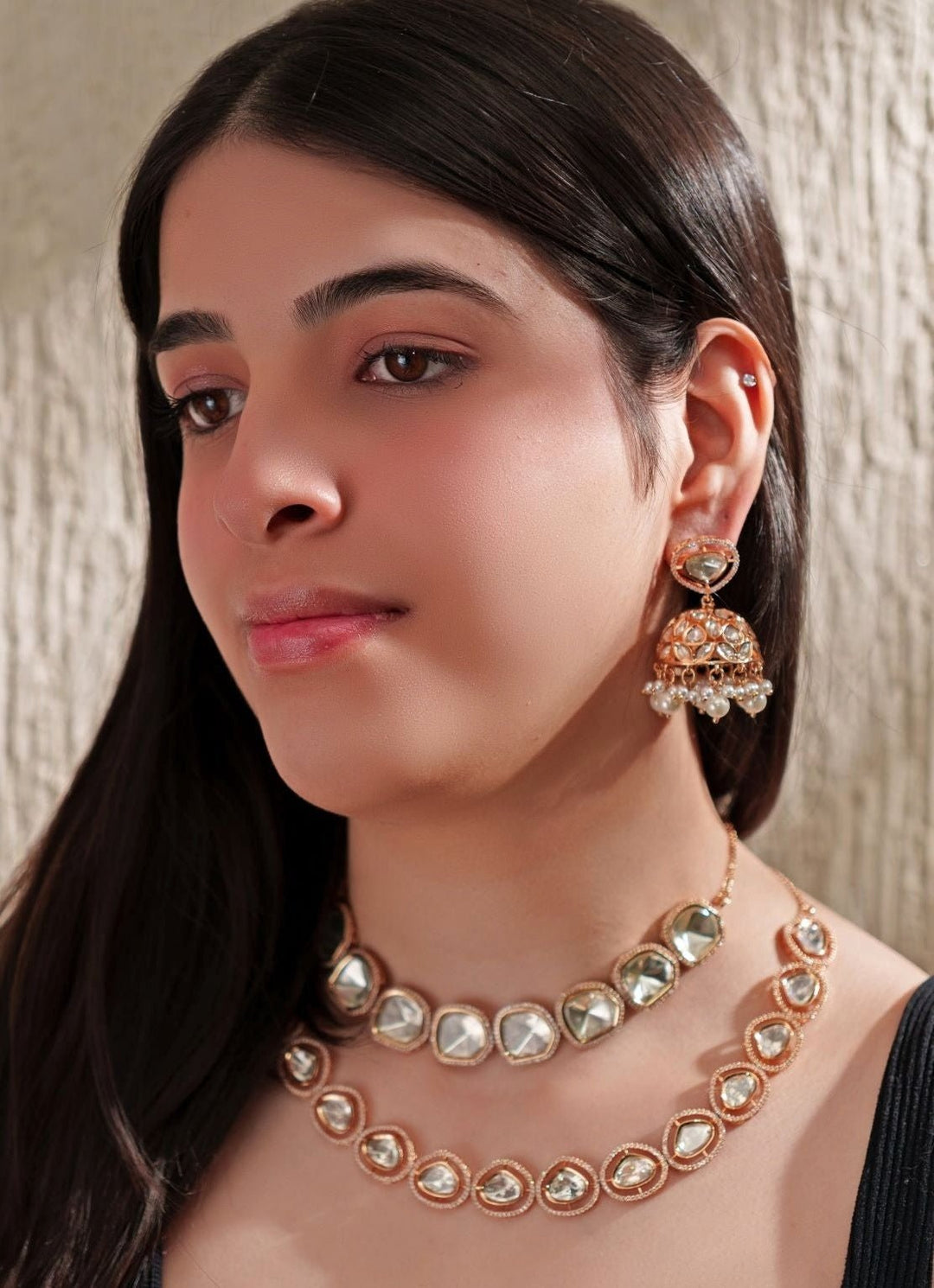 Polki Gold Necklace With Jhumkas Zevar By Geeta - Fabilicious Fashion