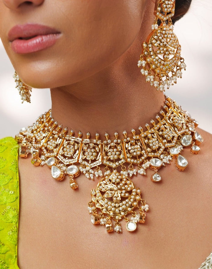 Polki Jadau Gold Necklace Set Zevar by Geeta - Fabilicious Fashion