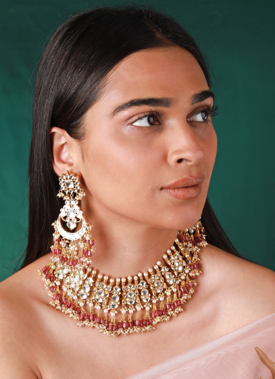 Polki Kundan Necklace Set With Chandbali Earrings Riana by Shikha Jindal - Fabilicious Fashion
