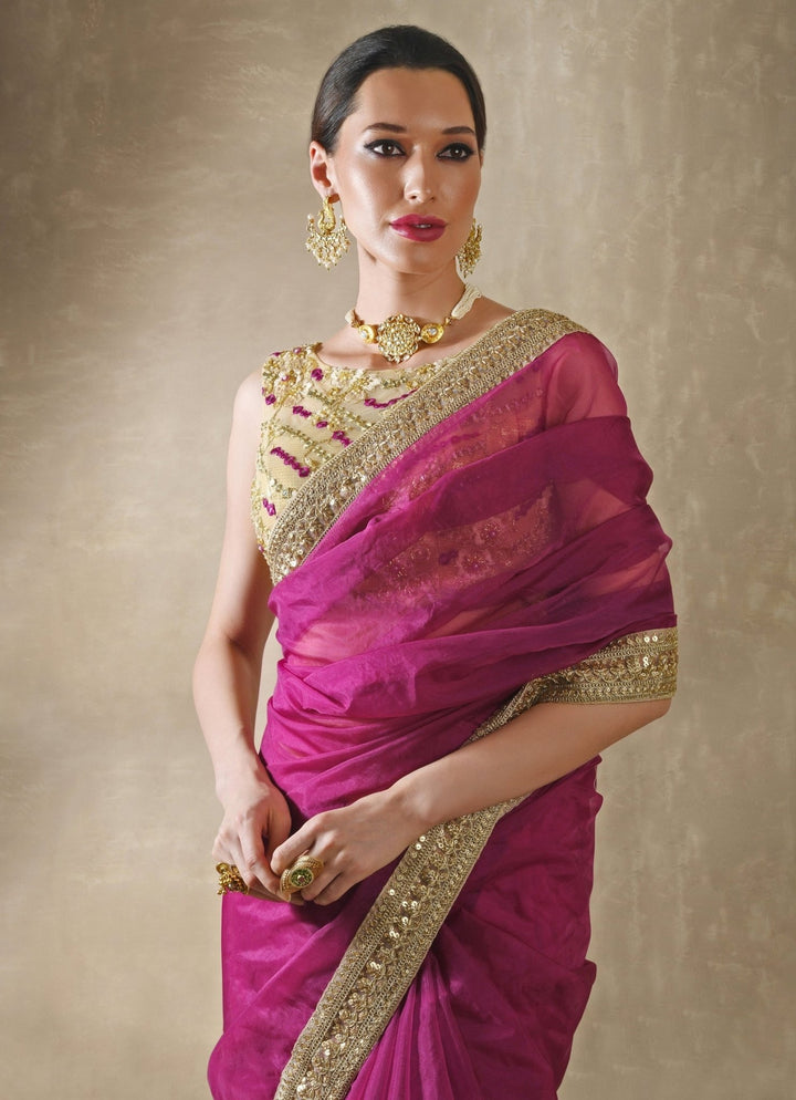 Pomegranate Organza Saree With Mirror Work Blouse Renee Label - Fabilicious Fashion