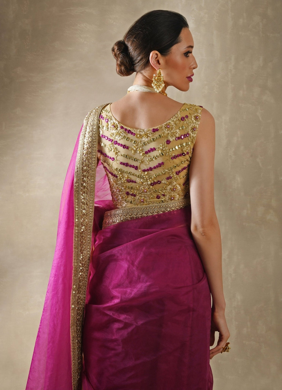 Pomegranate Organza Saree With Mirror Work Blouse Renee Label - Fabilicious Fashion
