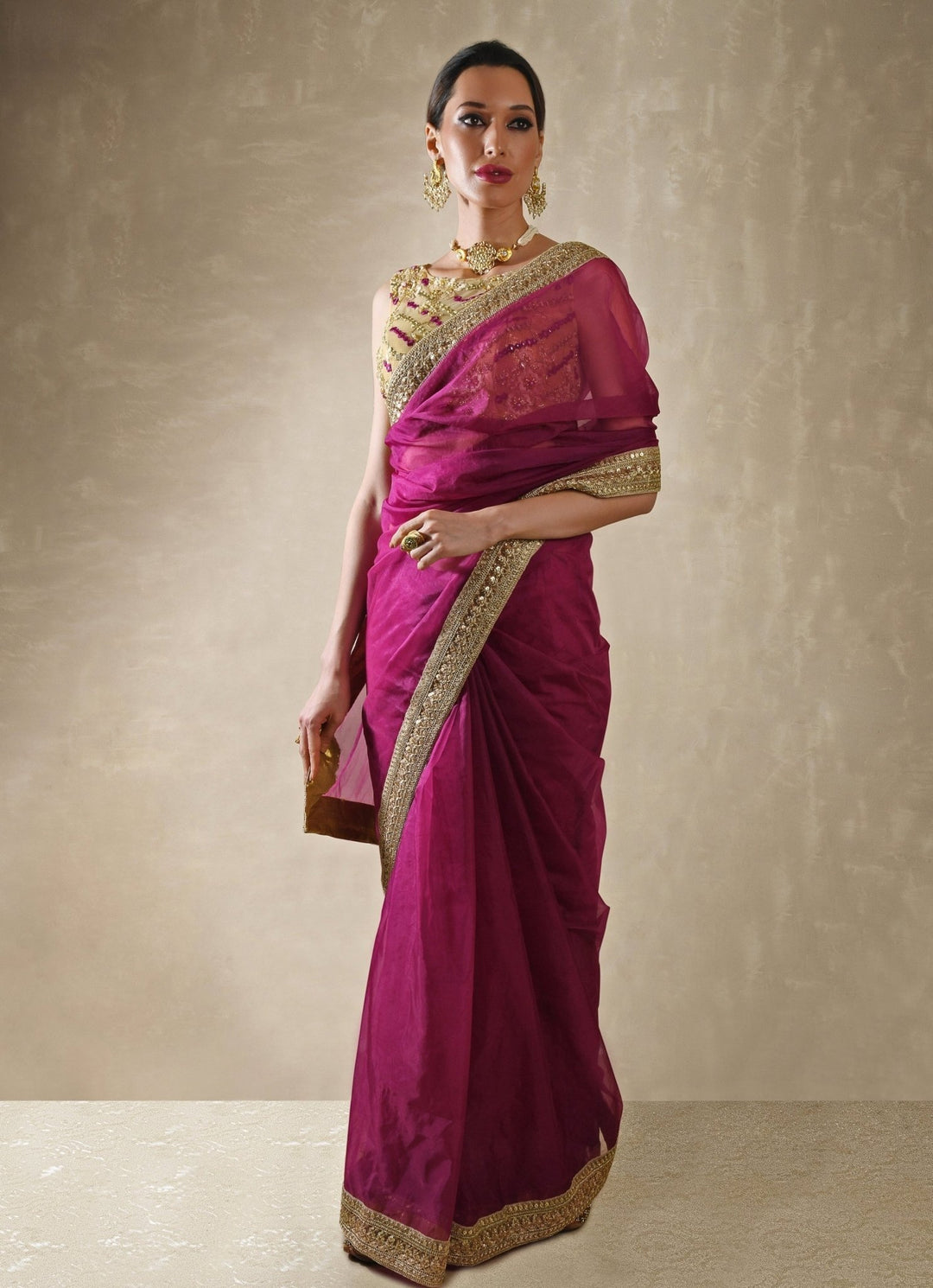 Pomegranate Organza Saree With Mirror Work Blouse Renee Label - Fabilicious Fashion