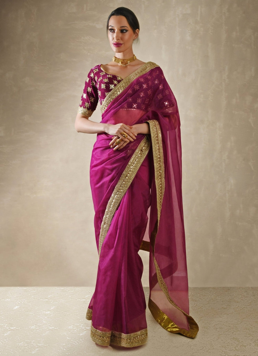 Pomegranate Organza Saree With Velvet Blouse Renee Label - Fabilicious Fashion