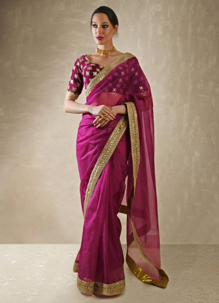 Pomegranate Organza Saree With Velvet Blouse Renee Label - Fabilicious Fashion