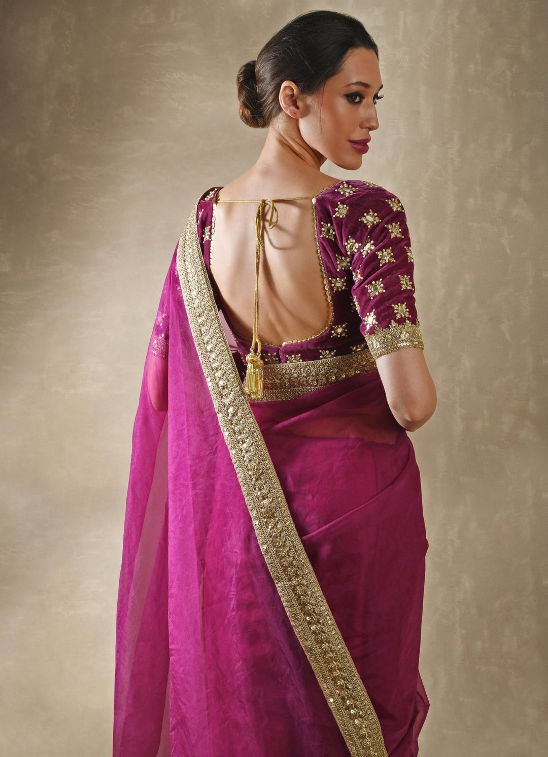 Pomegranate Organza Saree With Velvet Blouse Renee Label - Fabilicious Fashion