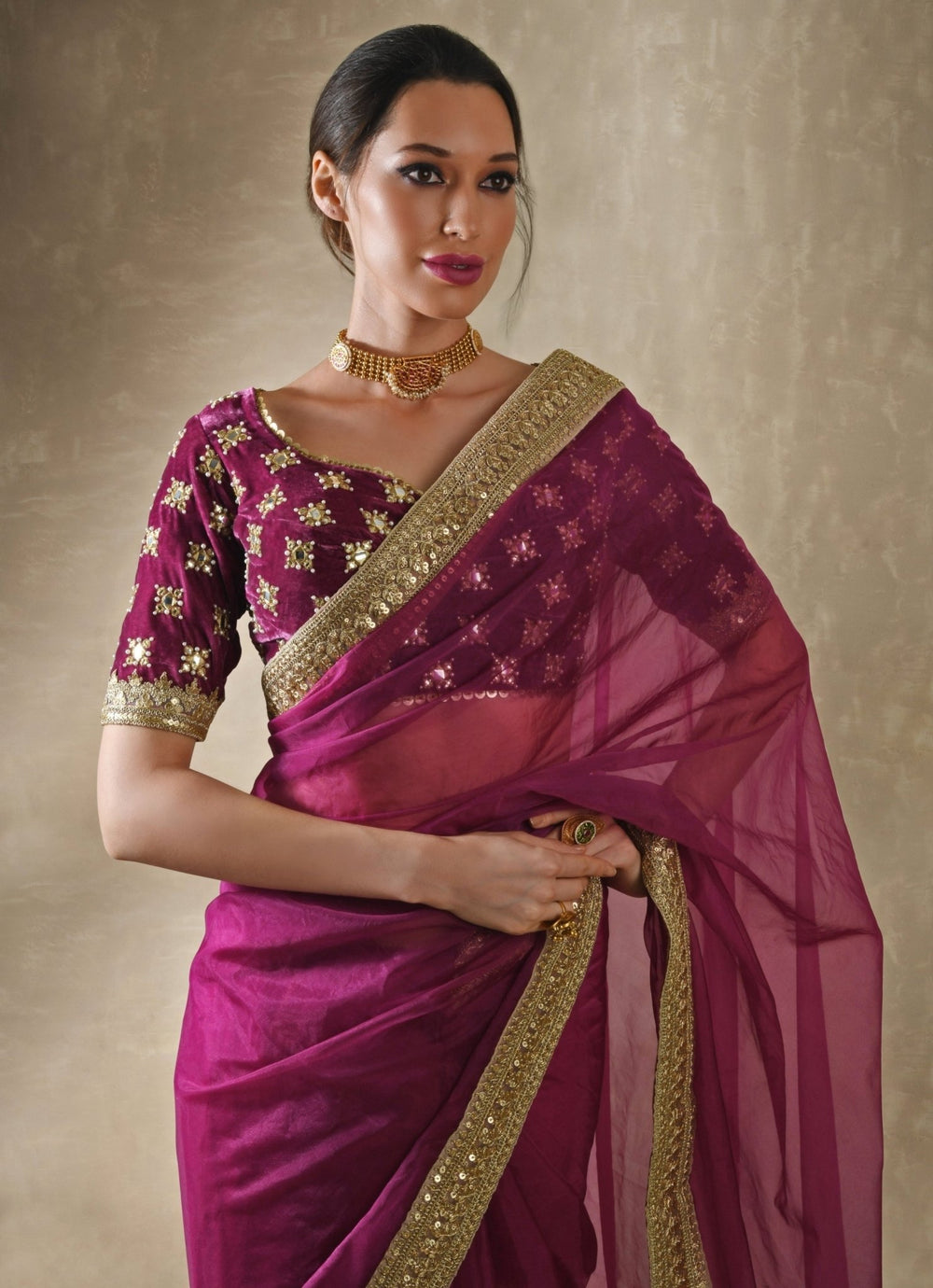 Pomegranate Organza Saree With Velvet Blouse Renee Label - Fabilicious Fashion
