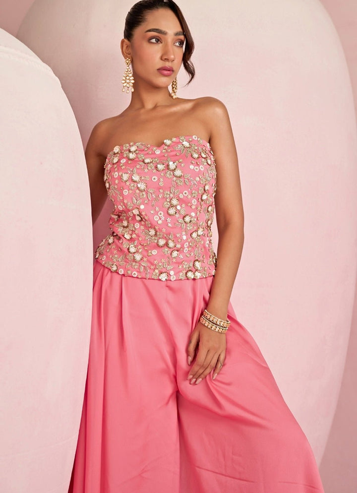 Pop Pink Embroidered Corset Kurta Sharara Set Prevasu - Fabilicious Fashion