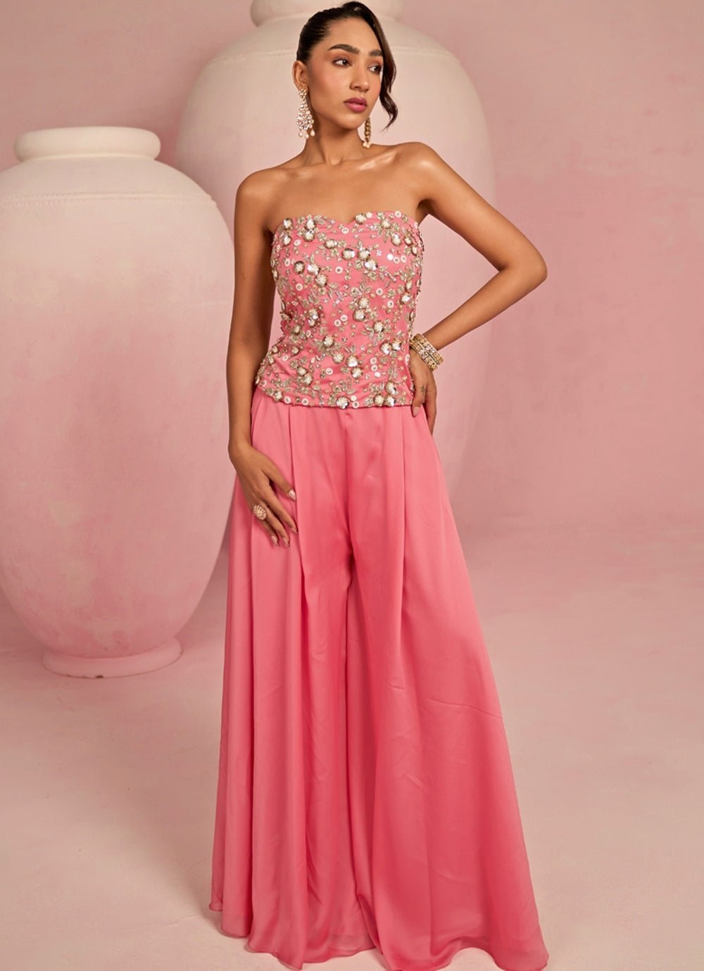 Pop Pink Embroidered Corset Kurta Sharara Set Prevasu - Fabilicious Fashion