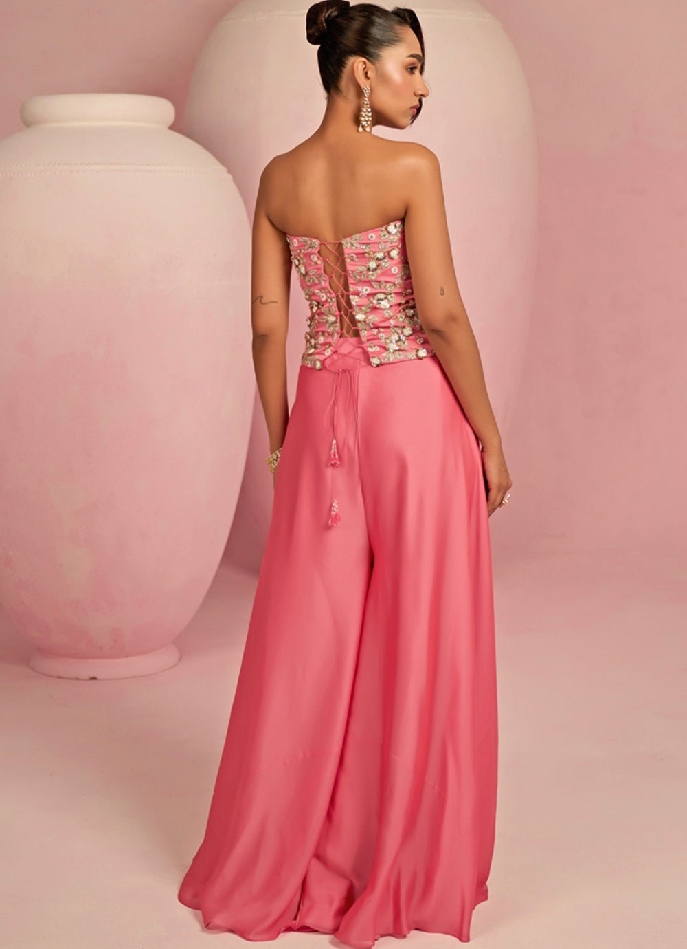 Pop Pink Embroidered Corset Kurta Sharara Set Prevasu - Fabilicious Fashion