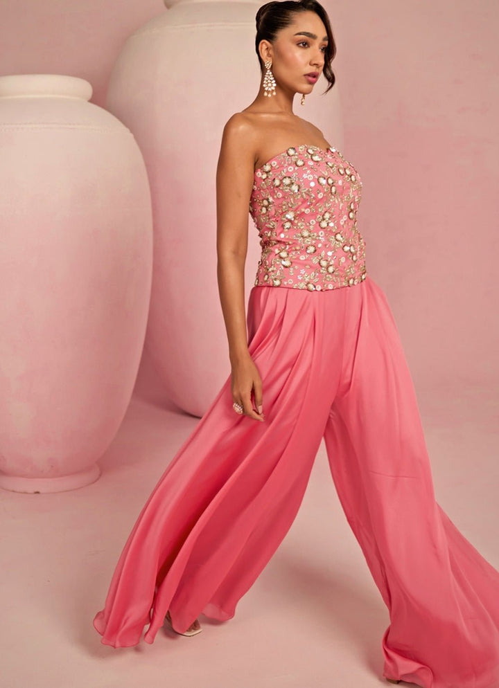 Pop Pink Embroidered Corset Kurta Sharara Set Prevasu - Fabilicious Fashion