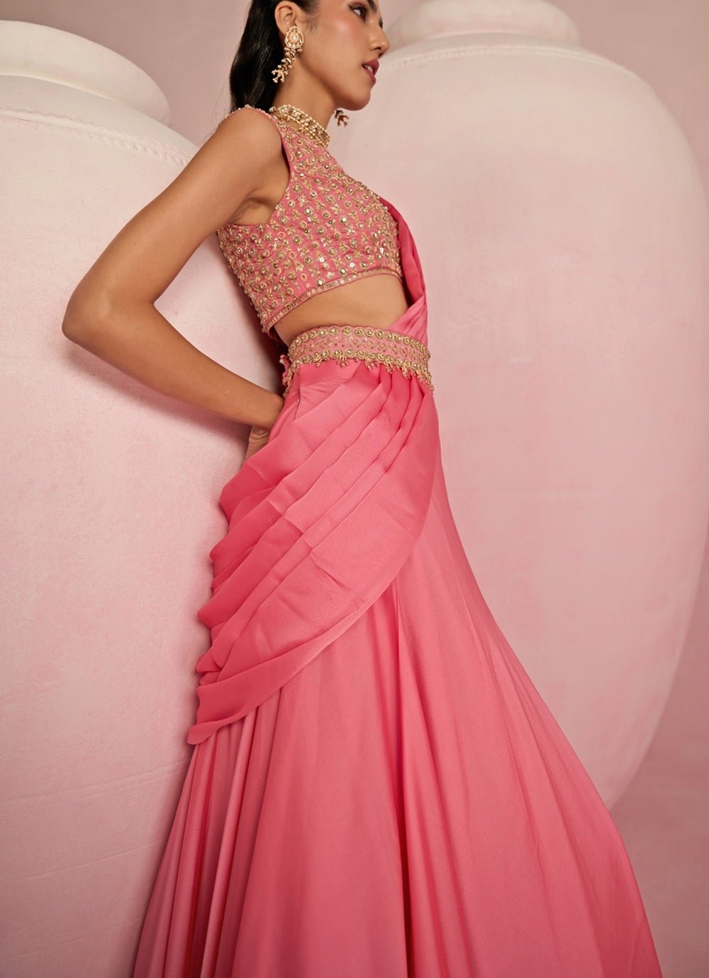 Pop Pink Embroidered Georgette Predraped Saree Prevasu - Fabilicious Fashion