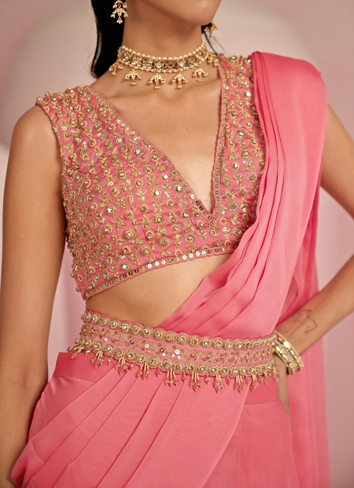 Pop Pink Embroidered Georgette Predraped Saree Prevasu - Fabilicious Fashion