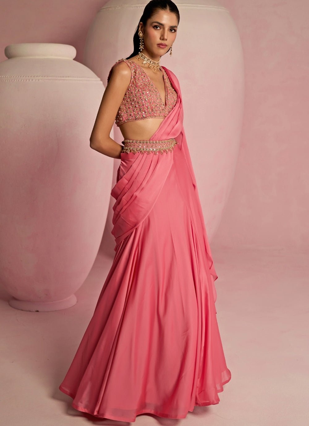 Pop Pink Embroidered Georgette Predraped Saree Prevasu - Fabilicious Fashion