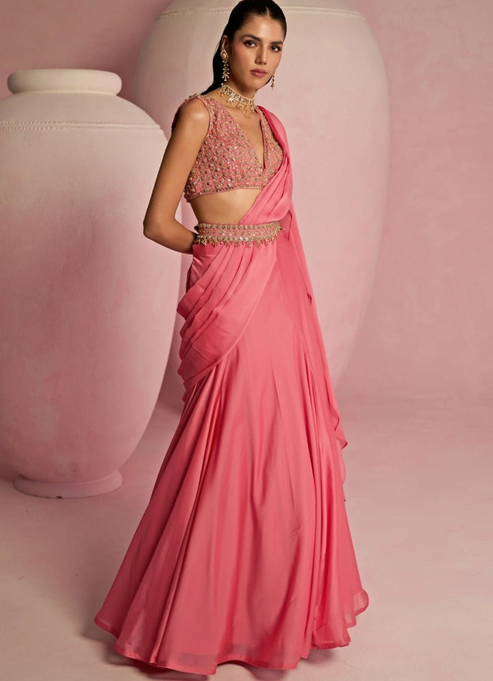 Pop Pink Embroidered Georgette Predraped Saree Prevasu - Fabilicious Fashion