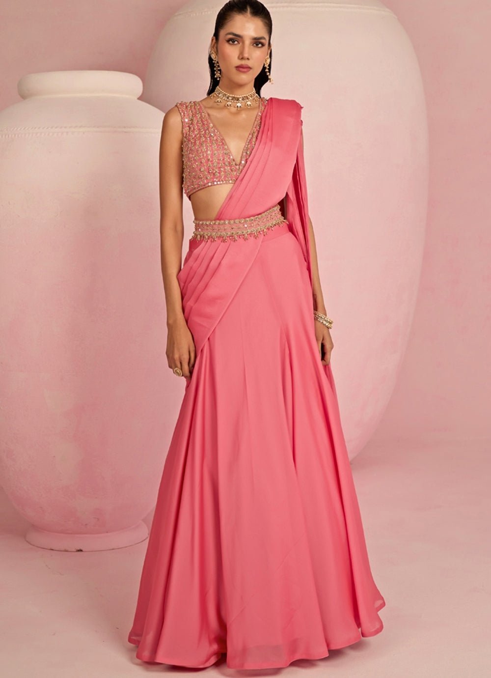 Pop Pink Embroidered Georgette Predraped Saree Prevasu - Fabilicious Fashion