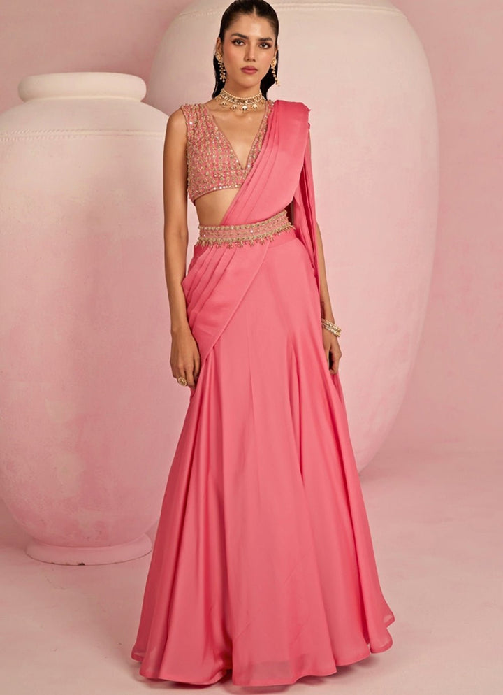 Pop Pink Embroidered Georgette Predraped Saree Prevasu - Fabilicious Fashion