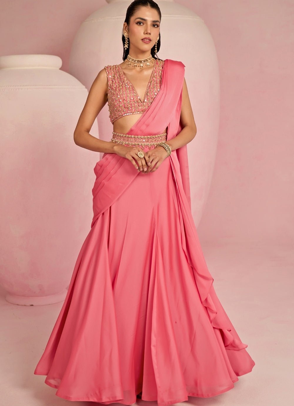 Pop Pink Embroidered Georgette Predraped Saree Prevasu - Fabilicious Fashion