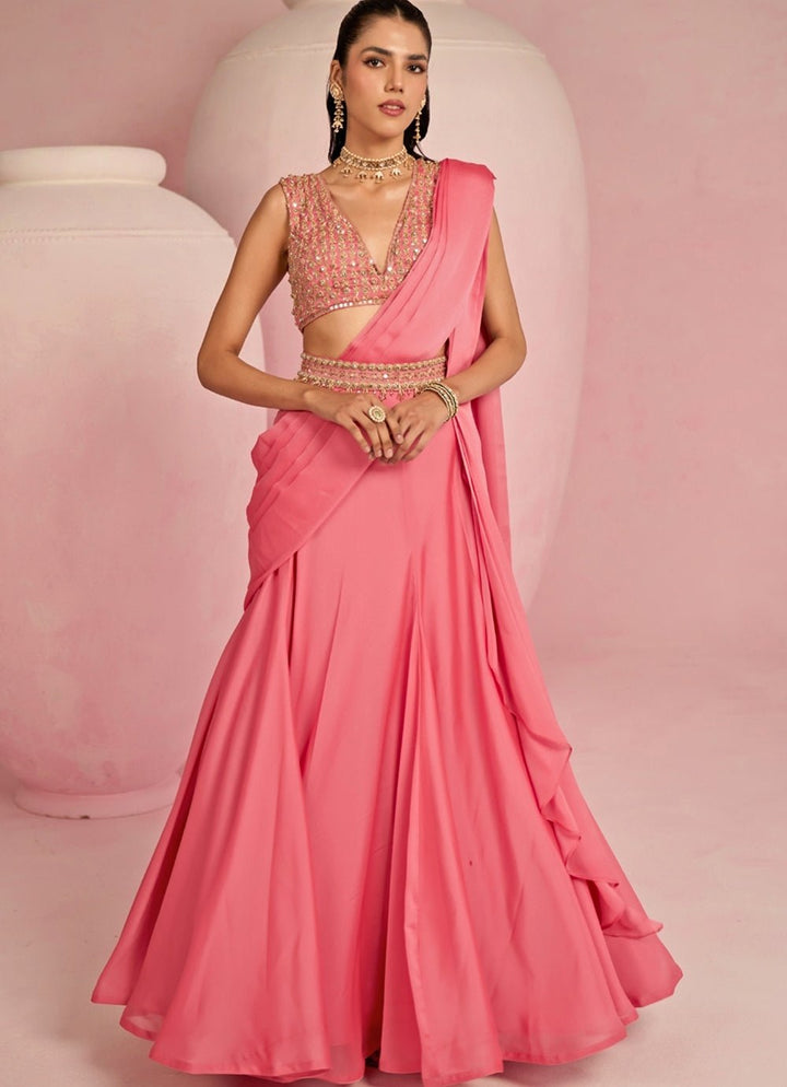 Pop Pink Embroidered Georgette Predraped Saree Prevasu - Fabilicious Fashion