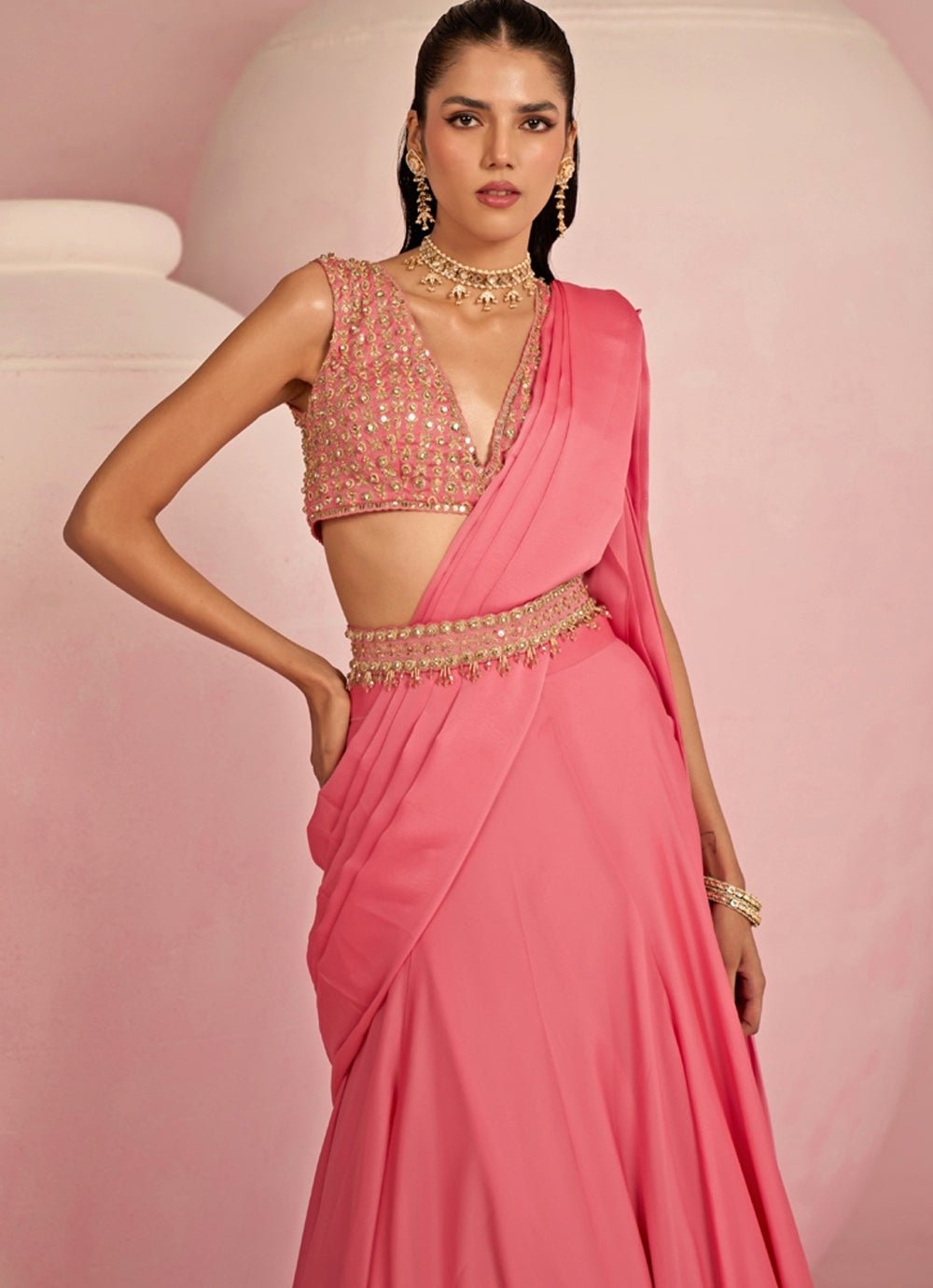 Pop Pink Embroidered Georgette Predraped Saree Prevasu - Fabilicious Fashion