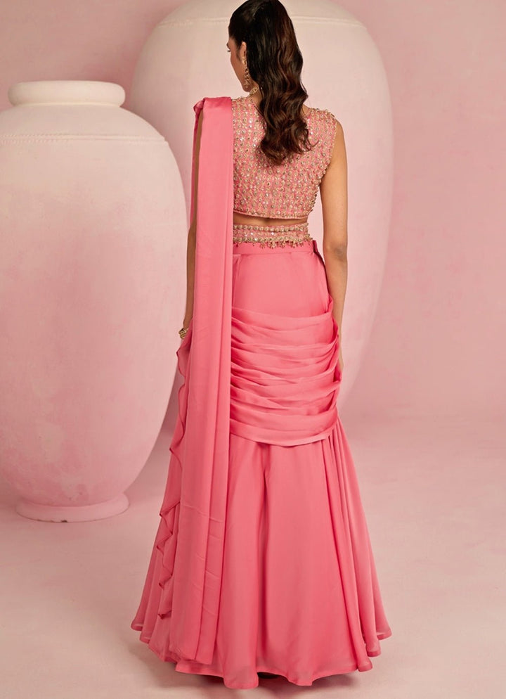 Pop Pink Embroidered Georgette Predraped Saree Prevasu - Fabilicious Fashion