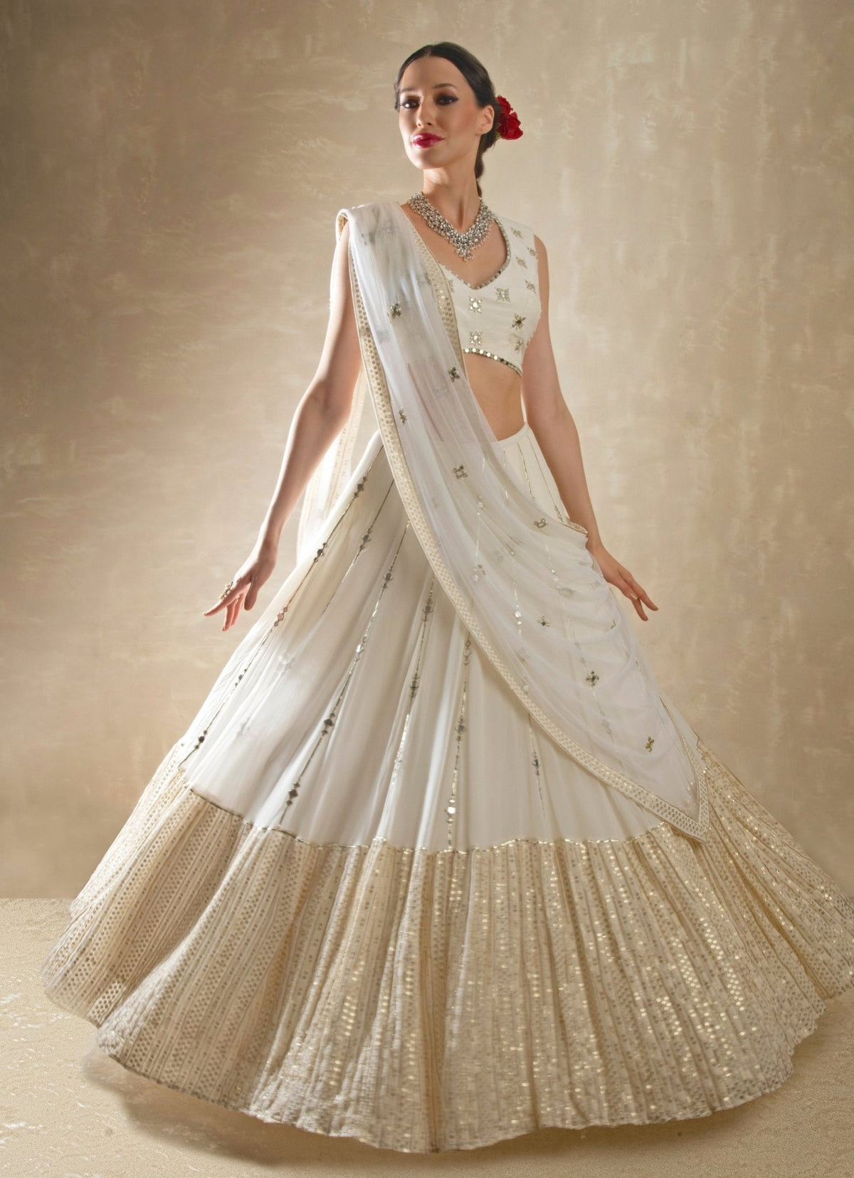 Porcelain White and Gold Lehenga Set by Renee Label