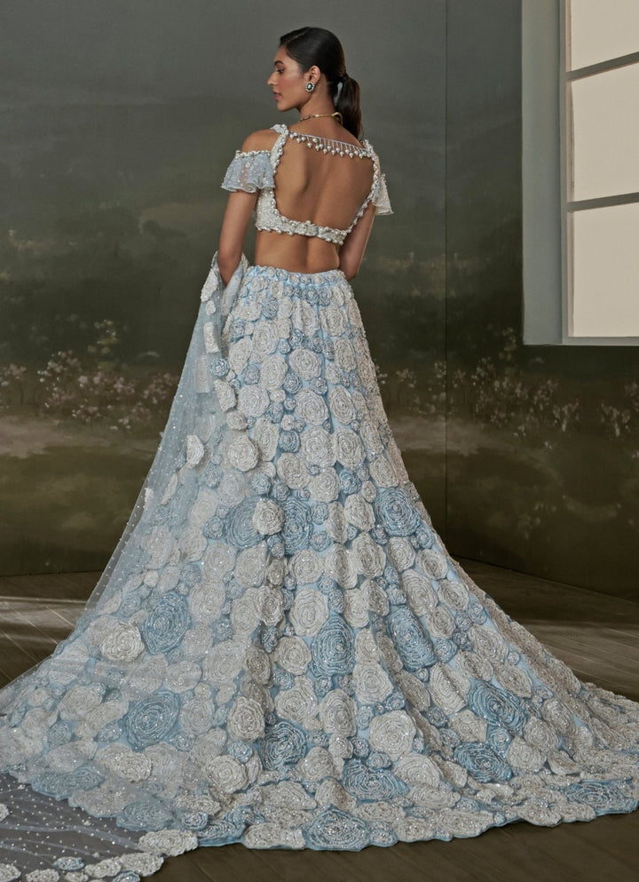 Powder Blue And White Soft Net Trail Lehenga Set Nitika Gujral - Fabilicious Fashion