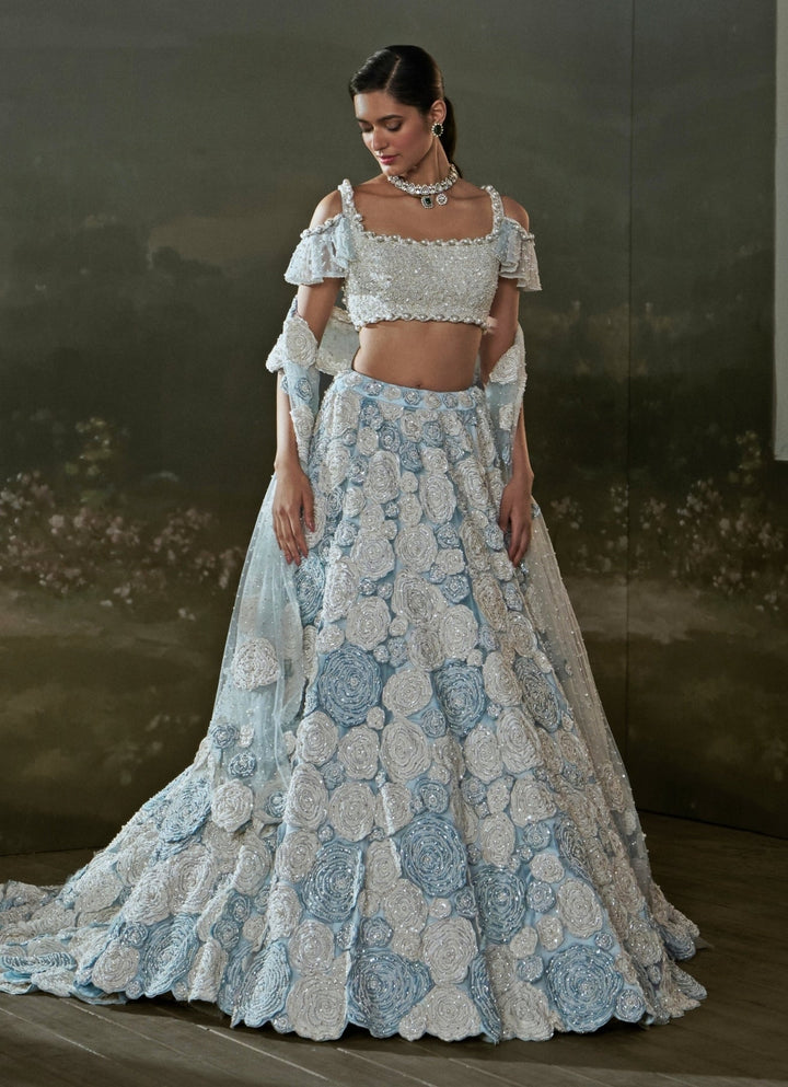 Powder Blue And White Soft Net Trail Lehenga Set Nitika Gujral - Fabilicious Fashion