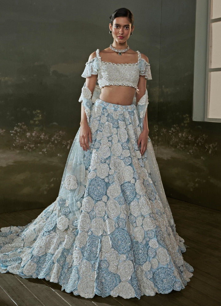 Powder Blue And White Soft Net Trail Lehenga Set Nitika Gujral - Fabilicious Fashion