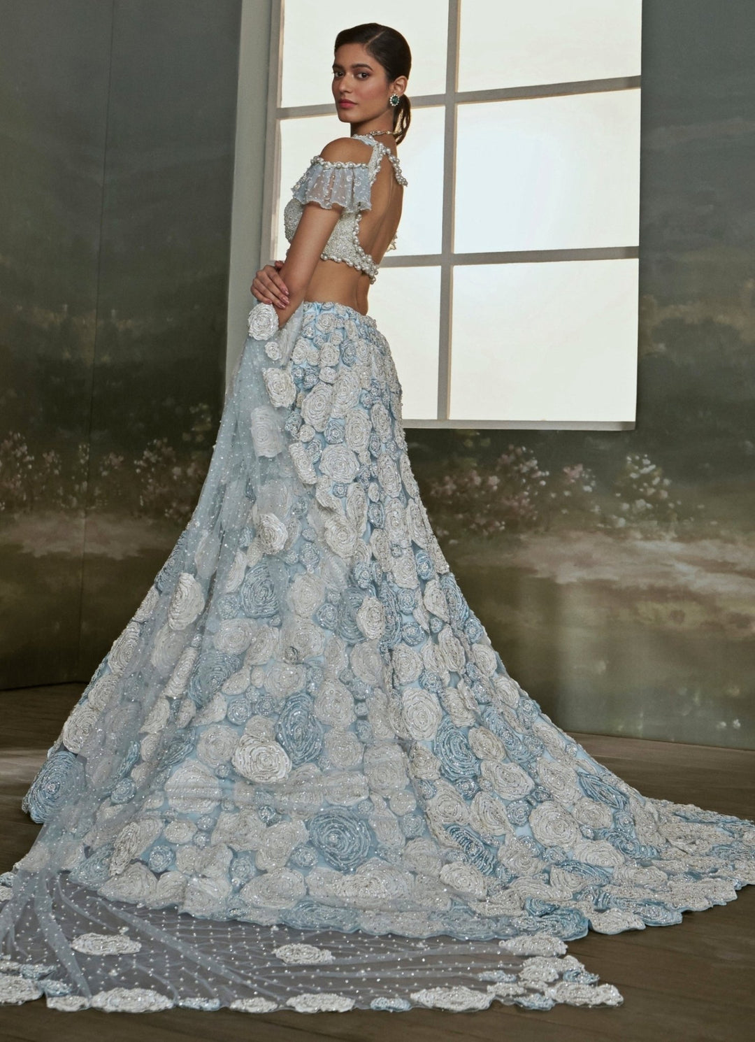 Powder Blue And White Soft Net Trail Lehenga Set Nitika Gujral - Fabilicious Fashion