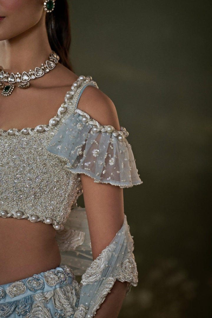 Powder Blue And White Soft Net Trail Lehenga Set Nitika Gujral - Fabilicious Fashion