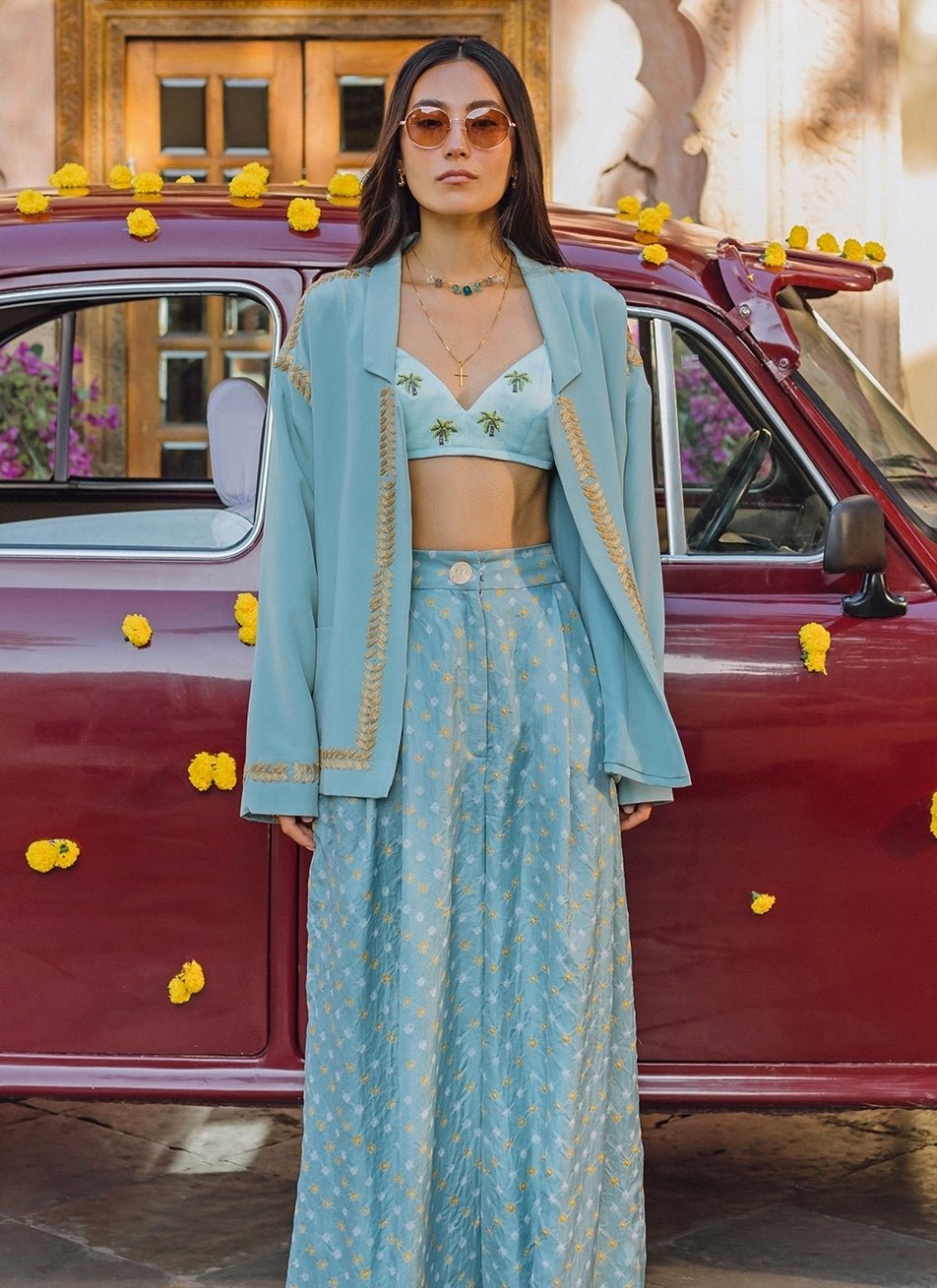 The Little Black Bow Powder Blue Bandhani Silk Trouser Jacket SetFabilicious Fashion