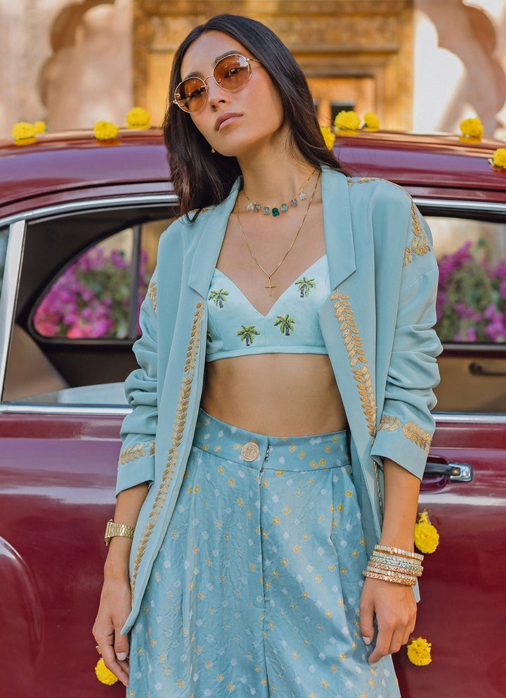 The Little Black Bow Powder Blue Bandhani Silk Trouser Jacket SetFabilicious Fashion