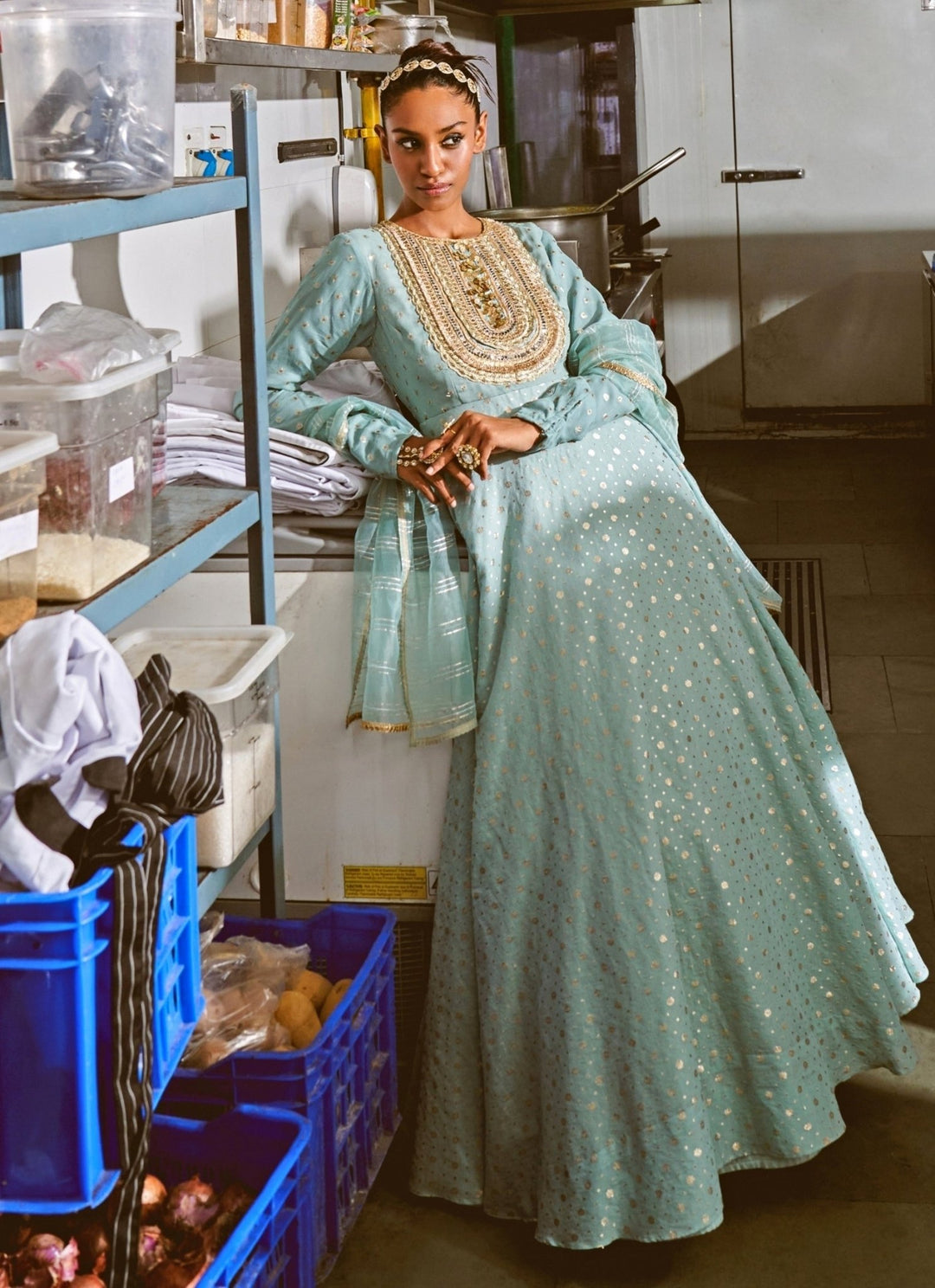 Rishi and Vibhuti Powder Blue Chanderi Anarkali SetFabilicious Fashion