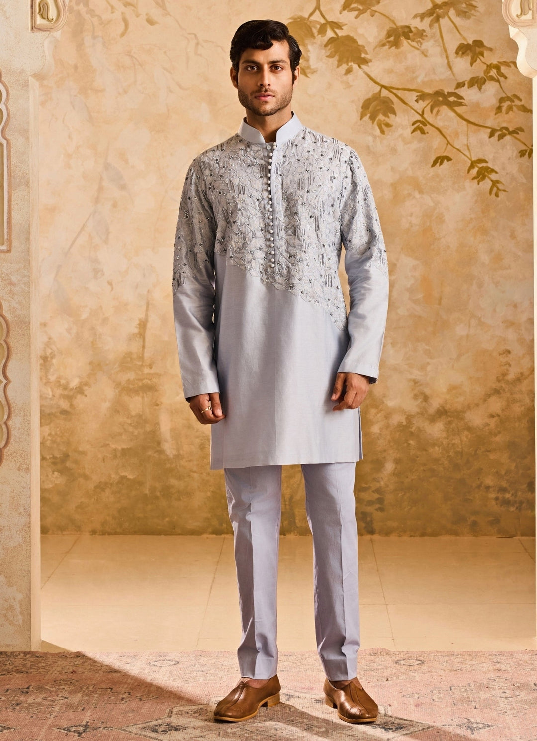 Powder Blue Chanderi Applique Kurta Set Nitika Gujral - Men - Fabilicious Fashion