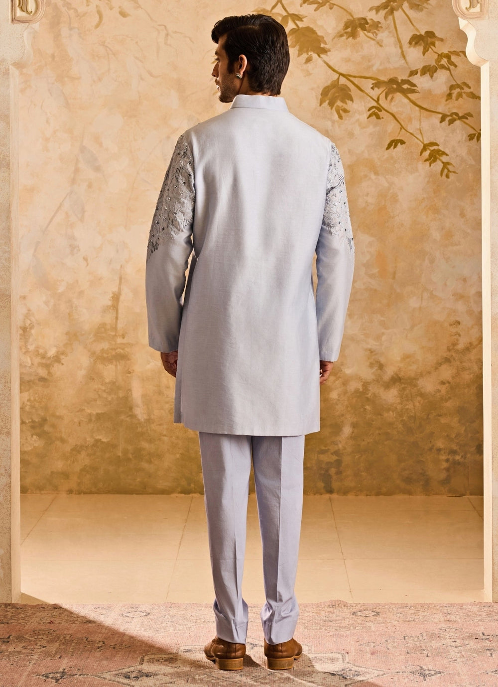 Powder Blue Chanderi Applique Kurta Set Nitika Gujral - Men - Fabilicious Fashion
