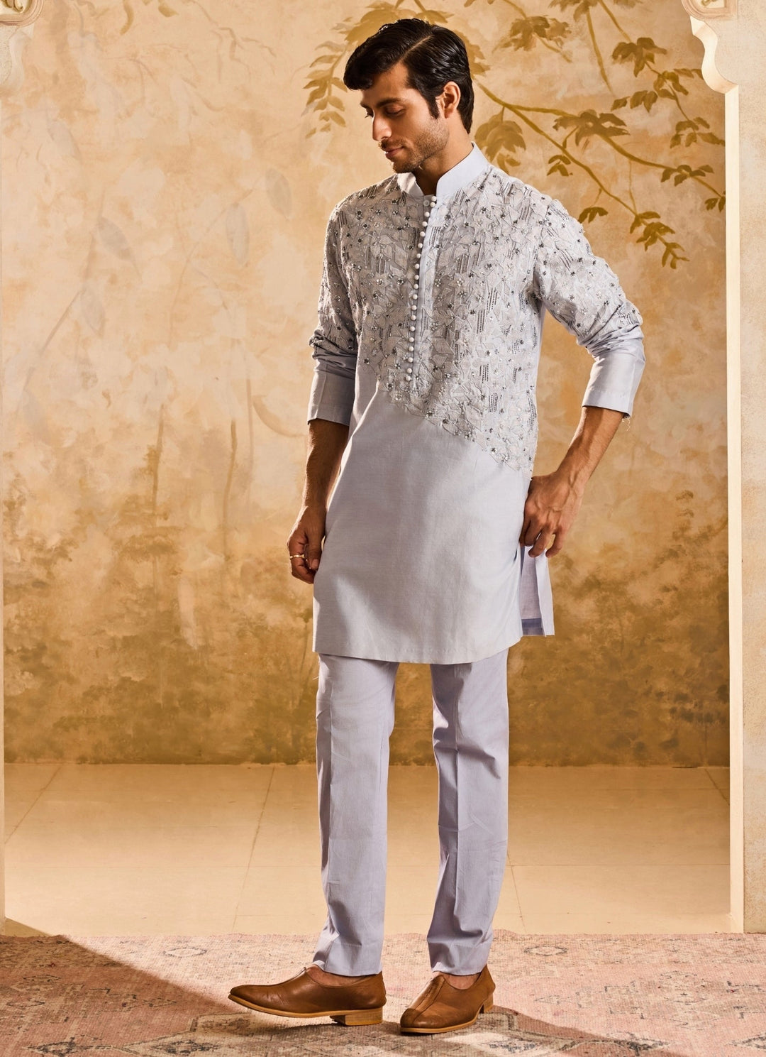 Powder Blue Chanderi Applique Kurta Set Nitika Gujral - Men - Fabilicious Fashion