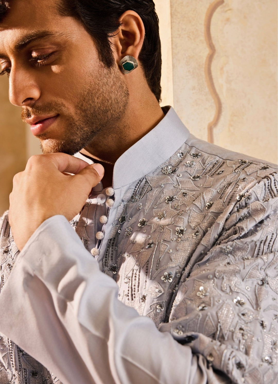 Powder Blue Chanderi Applique Kurta Set Nitika Gujral - Men - Fabilicious Fashion