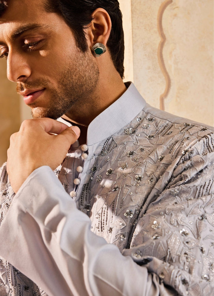 Powder Blue Chanderi Applique Kurta Set Nitika Gujral - Men - Fabilicious Fashion