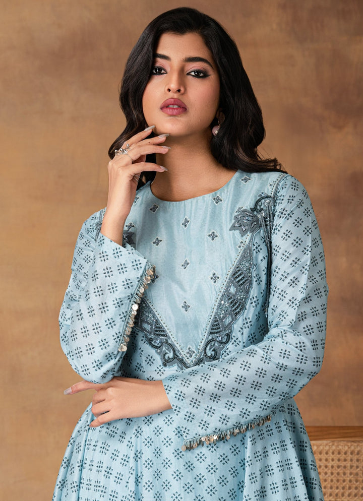 Powder Blue Chanderi Asymmetrical Kurta Pant Set Isha Gupta Tayal - Fabilicious Fashion