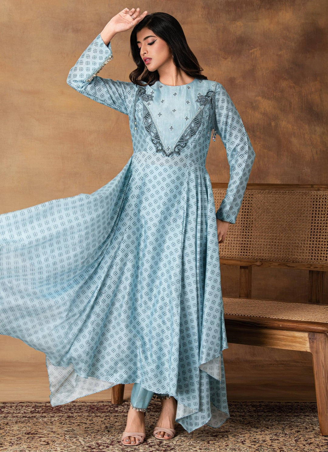 Powder Blue Chanderi Asymmetrical Kurta Pant Set Isha Gupta Tayal - Fabilicious Fashion