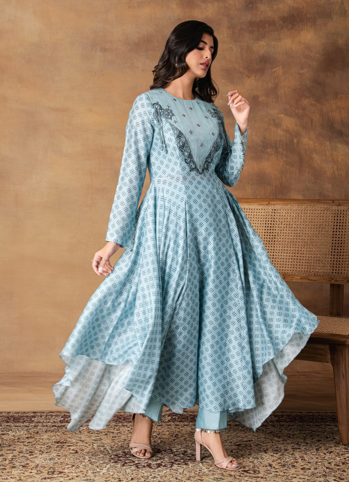 Powder Blue Chanderi Asymmetrical Kurta Pant Set Isha Gupta Tayal - Fabilicious Fashion