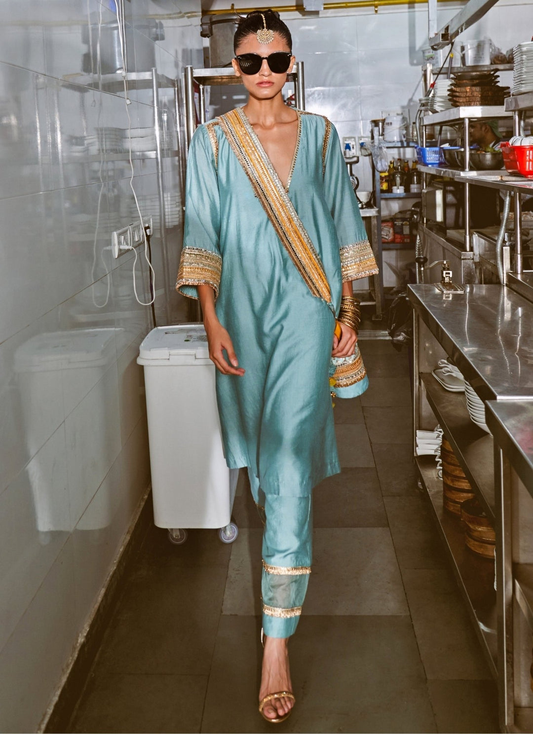 Rishi and Vibhuti Powder Blue Chanderi Kurta Pants SetFabilicious Fashion