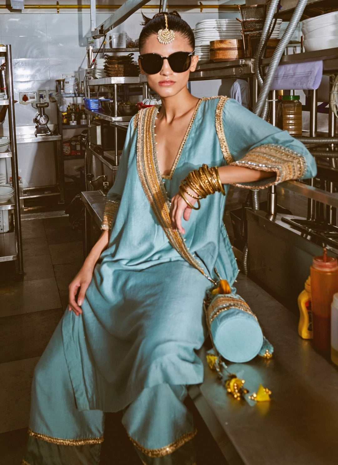 Rishi and Vibhuti Powder Blue Chanderi Kurta Pants SetFabilicious Fashion