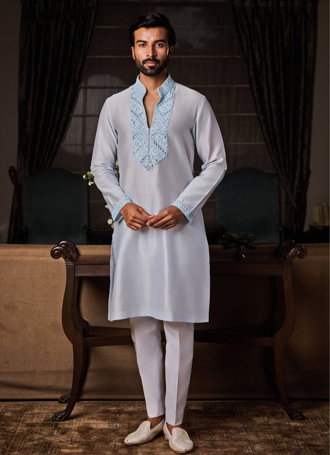 Powder Blue Chanderi Kurta Set Nitika Gujral - Men - Fabilicious Fashion