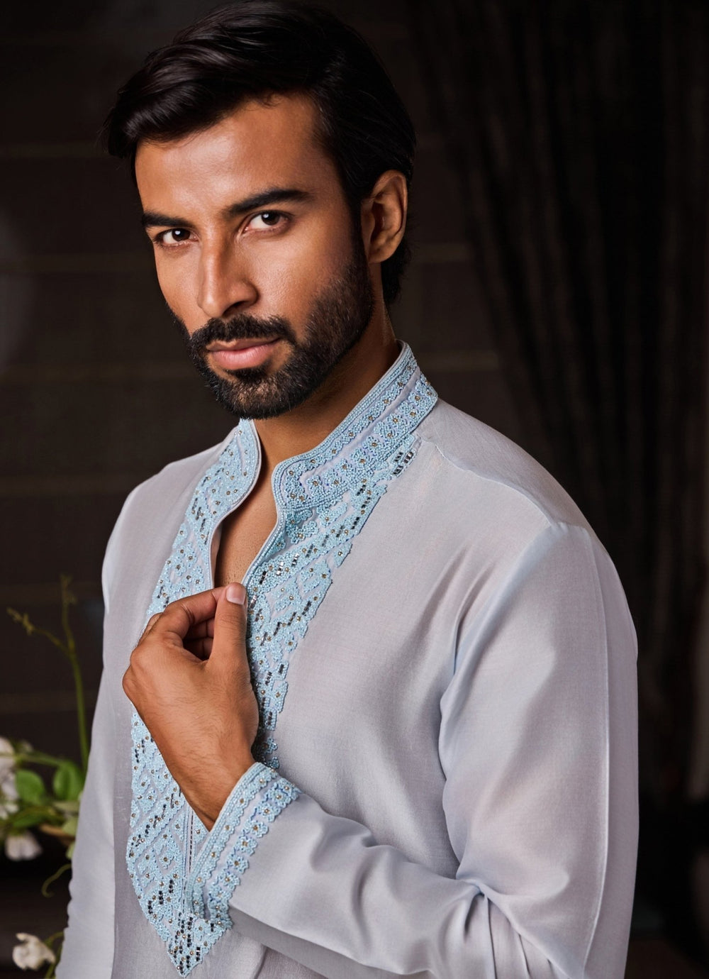 Powder Blue Chanderi Kurta Set Nitika Gujral - Men - Fabilicious Fashion