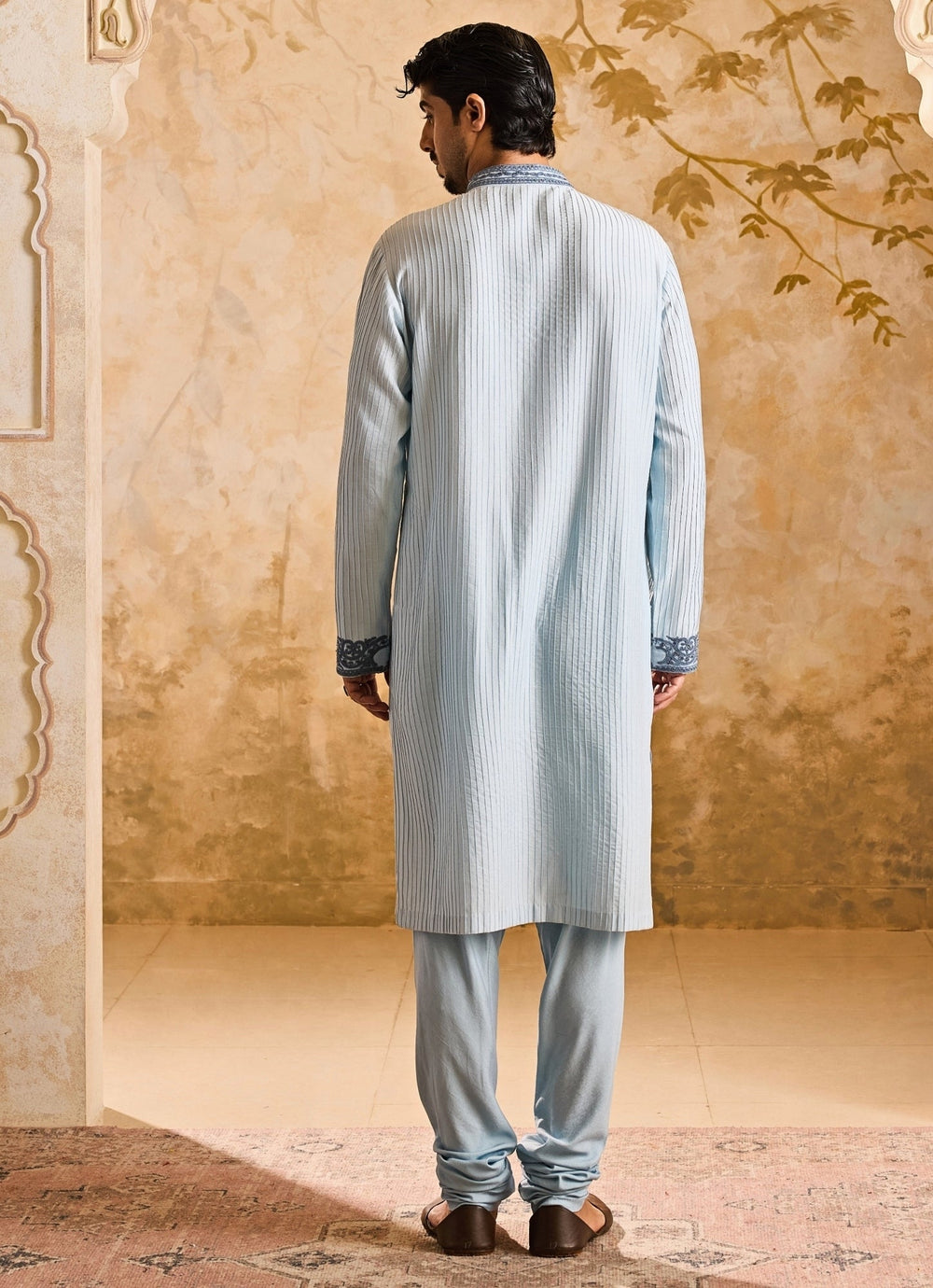 Nitika Gujral - Men Powder Blue Cotton Silk Pintucked Kurta SetFabilicious Fashion