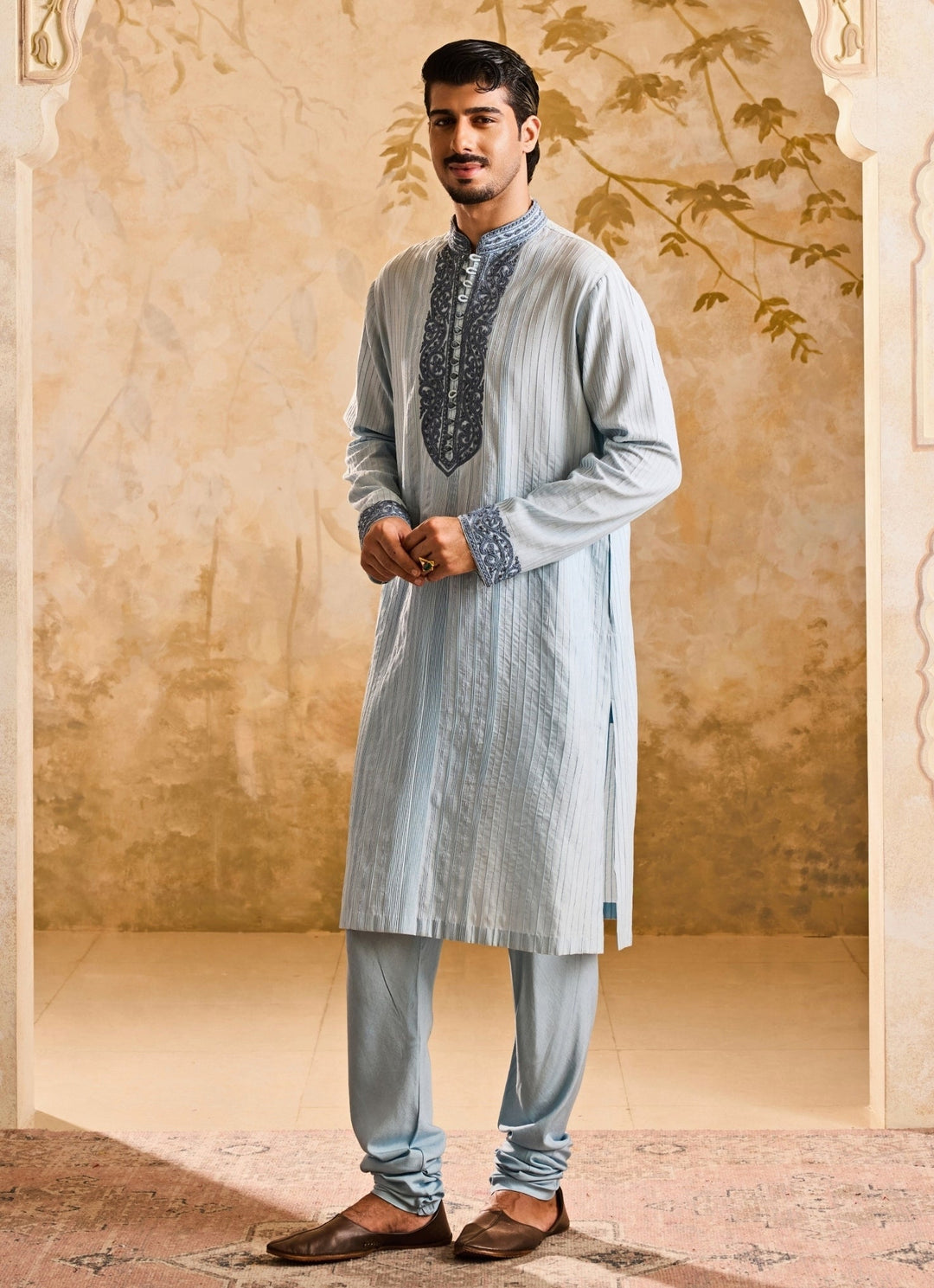 Nitika Gujral - Men Powder Blue Cotton Silk Pintucked Kurta SetFabilicious Fashion